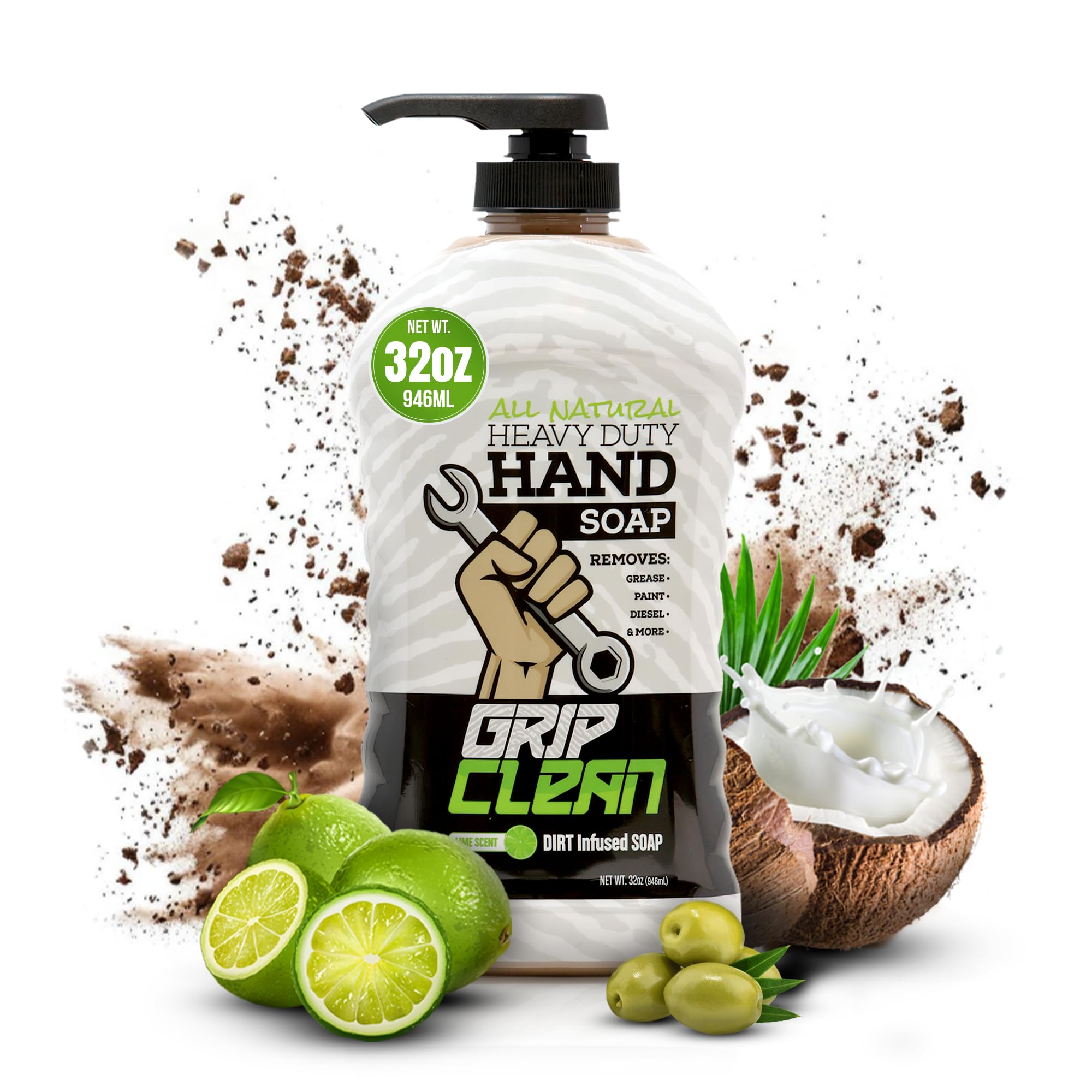 Grip Clean Heavy Duty Hand Cleaner for Mechanics – Natural Pumice & Clay-Infused Technology Removes Grease, Oil & Grime – Moisturizing Liquid Hand Soap for Shop, Garage & Industrial Use – 32oz