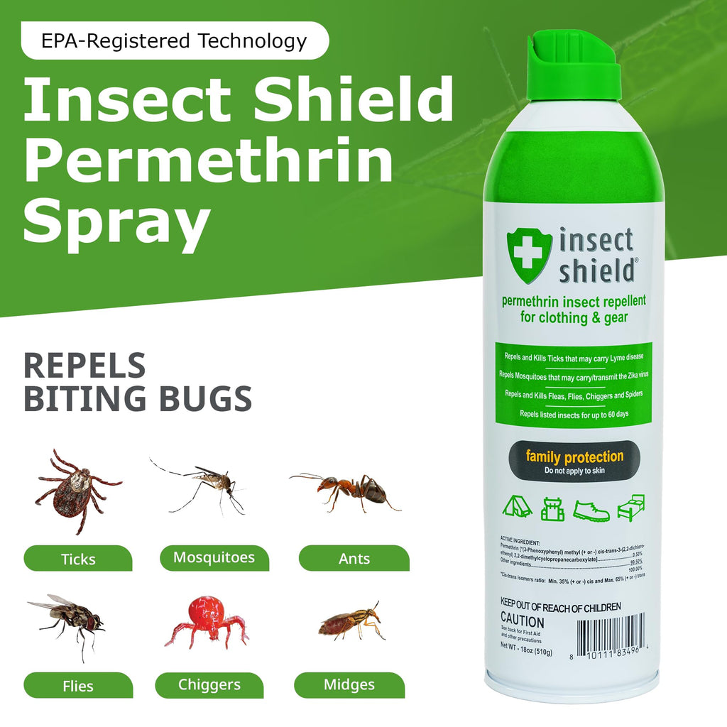 Insect Shield Premium Permethrin Spray - Tick, Flea, Fly, Mosquito, Chigger, Spider & Bed Bug Repellent for Clothing, Gear, Furniture, & Tents, Lasts up to 60 Days, Clear, 18 Oz Aerosol