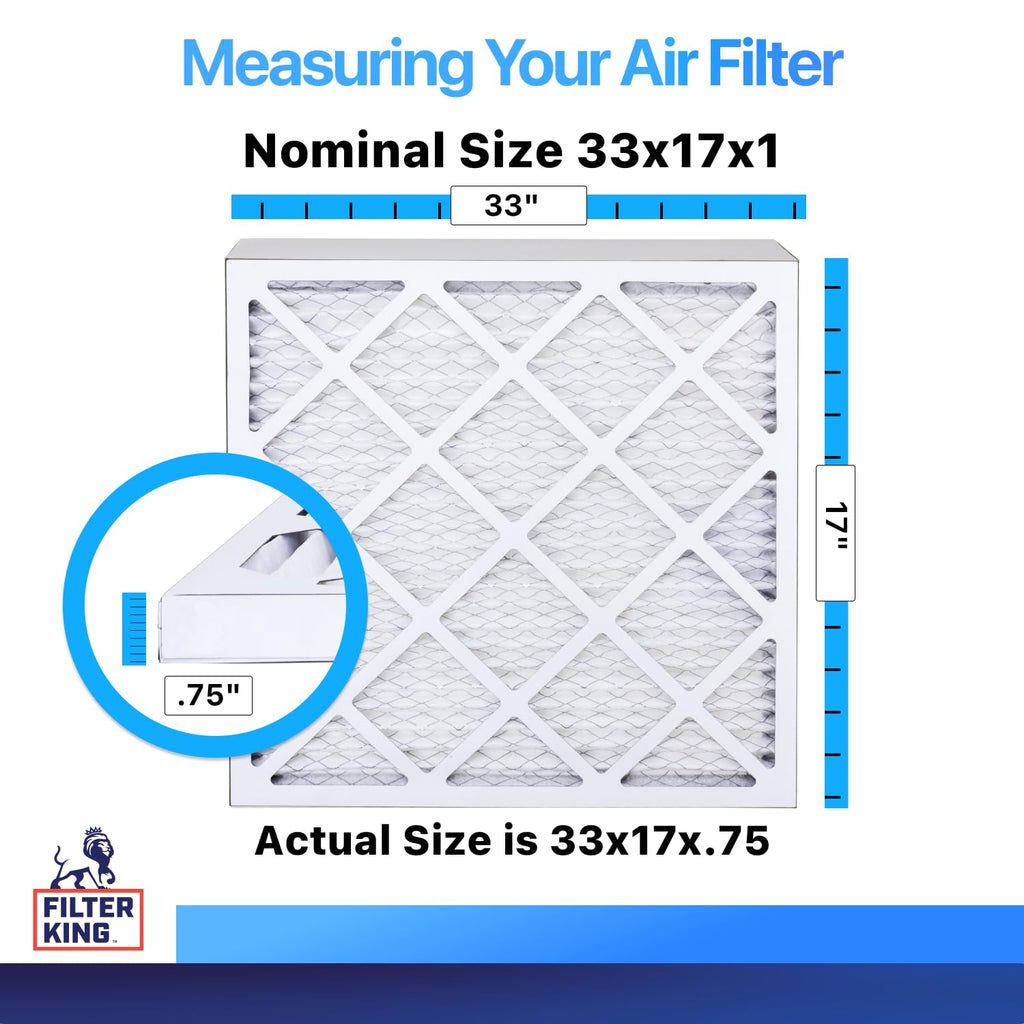 Filter King 33x17x1 Air Filter (MERV 8) (4-Pack) Dust & Allergy Control AC Furnace Filters, MADE IN USA, HVAC, Pleated, Electrostatic (Actual Size: 33 x 17 x .75)