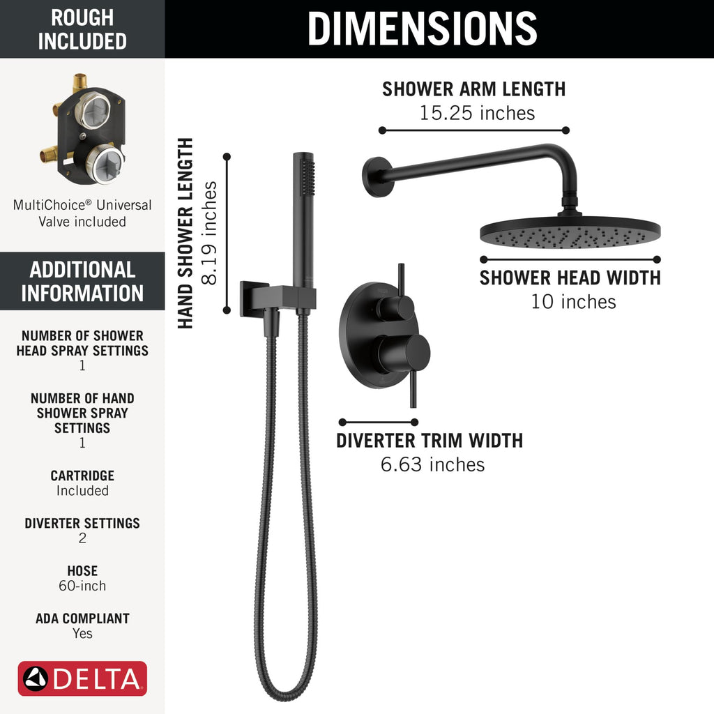 Delta Modern 14 Series Round Rain Shower System Faucet Set, Rainfall Matte Black Shower Head and Handle Set, Valve Trim Kit, 10 Inch, Matte Black 342702-BL