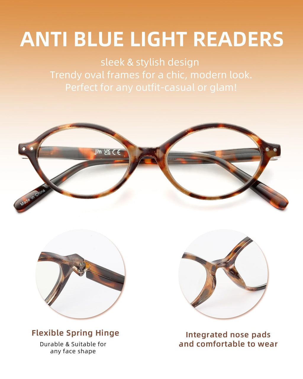JM 5 Pack Oval Reading Glasses for Women, Trendy Blue Light Blocking Computer Readers with Spring Hinges +1.5