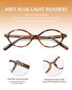 JM 5 Pack Oval Reading Glasses for Women, Trendy Blue Light Blocking Computer Readers with Spring Hinges +1.5