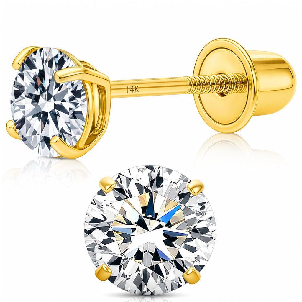 14k Yellow Gold Solitaire Round Cubic Zirconia Stud Earrings Basket-set CZ with Screw On Secure Screw-backs, 4mm