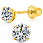 14k Yellow Gold Solitaire Round Cubic Zirconia Stud Earrings Basket-set CZ with Screw On Secure Screw-backs, 4mm
