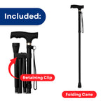 RMS Folding Cane - Foldable, Adjustable, Lightweight Aluminum Offset Walking Cane - Collapsible Walking Stick with Ergonomic Derby Handle - Ideal Daily Living Aid for Limited Mobility (Black)
