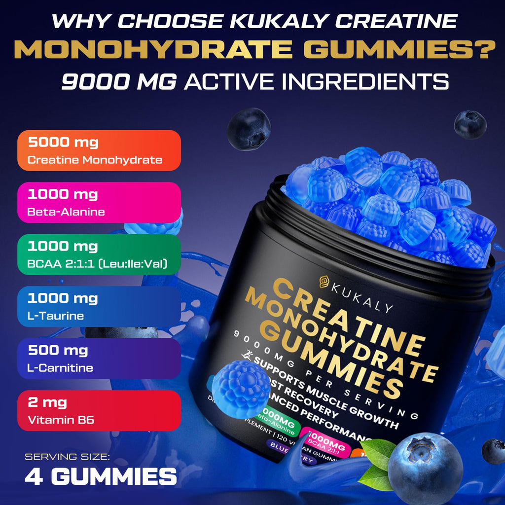 ZyterX Creatine Monohydrate Gummies for Men & Women, 9000MG Creatine Gummies Sugar Free with L-Taurine, BCAA 2:1, B12 B6 for Boost Strength, Focus & Endurance, Vegan, Non-GMO, Blueberry 120pcs