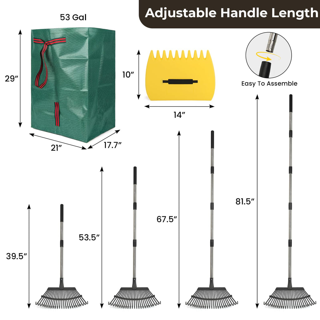 Rake for Leaves - 25 Tines Heavy Duty Metal Rake Set with Leaf Scoops & 53 Gallon Bag, Adjustable 67.5" Garden Rake, 3-in-1 Tool for Yard Pine Needle Grass Cleanup