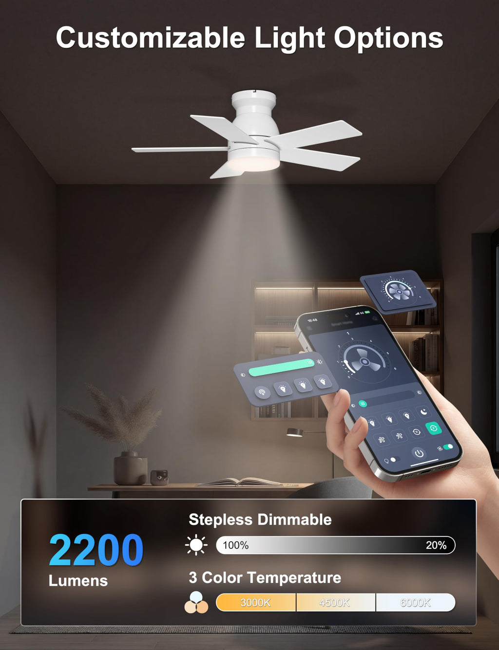 Phylluz 32'' Small Ceiling Fan with Light, Mini Low Profile Flush Mount Fan for Hallway & Closet, Quiet DC Motor, Modern Tiny Space Ceiling Fan with App/Remote Control, White