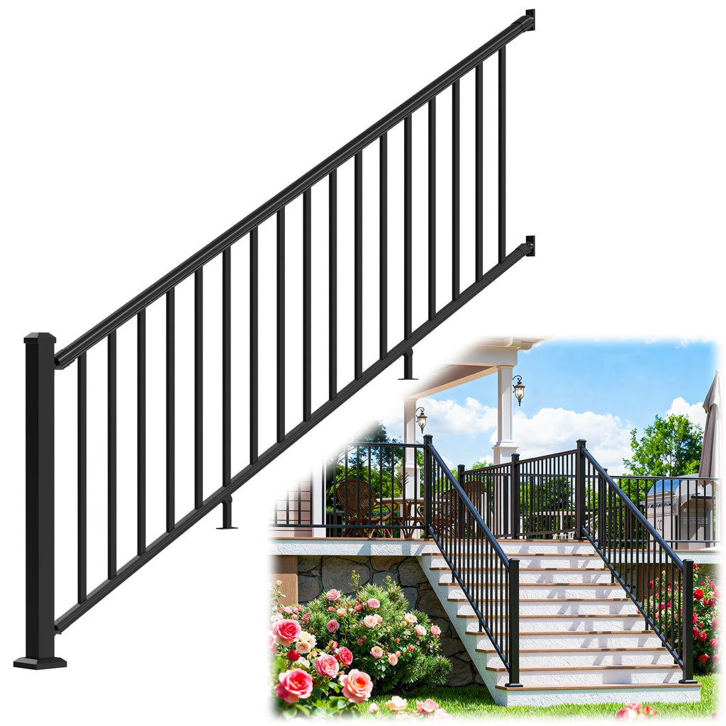 Egadis 36 in. H x 8 ft. W Aluminum Stair Railing Kit, Railings for Outdoor Steps, Black Textured AAMA 2604 Powder-Coat Finish Modular Rail System for Concrete Steps or Wooden Stairs(1 Post, 1 Panel)