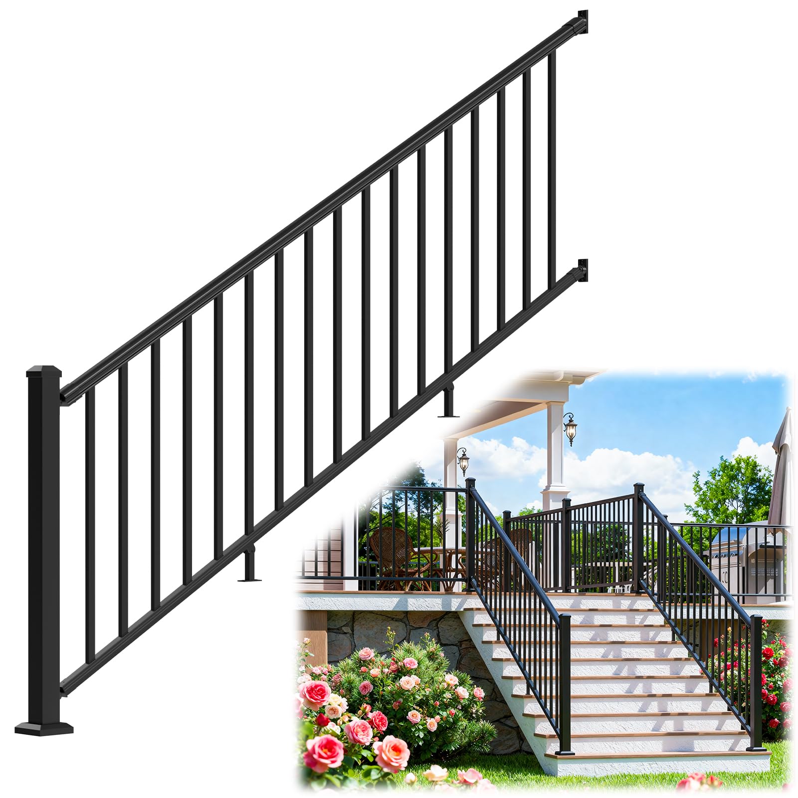 Egadis 36 in. H x 8 ft. W Aluminum Stair Railing Kit, Railings for Outdoor Steps, Black Textured AAMA 2604 Powder-Coat Finish Modular Rail System for Concrete Steps or Wooden Stairs(1 Post, 1 Panel)
