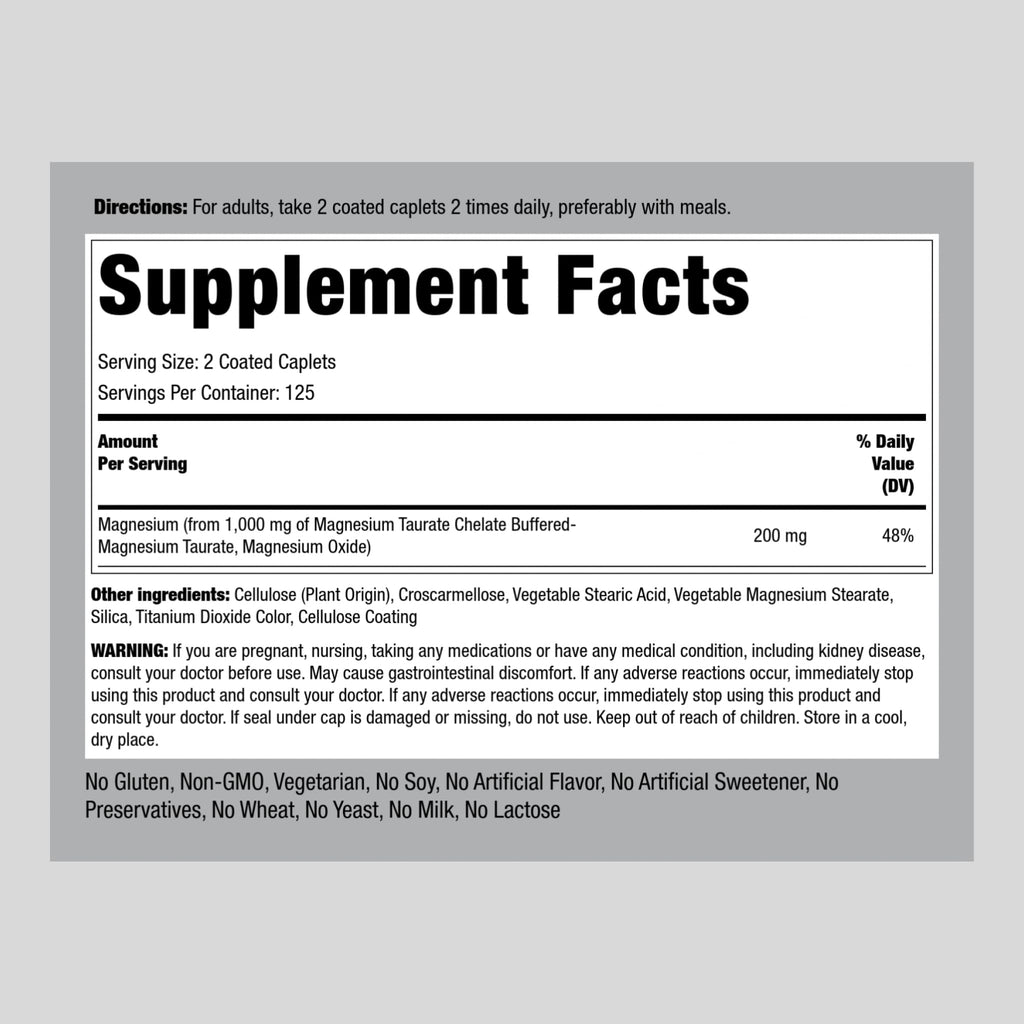 Piping Rock Magnesium Taurate | 1000mg | 250 Caplets | Chelated and Buffered | Vegetarian, Non-GMO, Gluten Free Supplement
