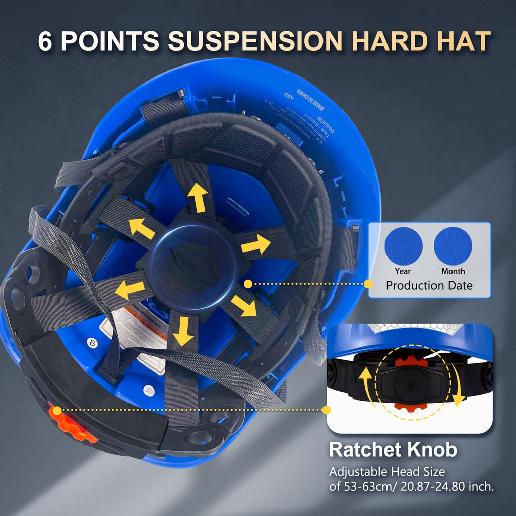 SAFEBUILDER ABS Work-at-Height and Rescue Hard Hat Slotted Ventilated Construction Safety Helmet w/Adjustable Ratchet 6-Point Suspension ANSI Z89.1-14 (Blue Safety Helmet)