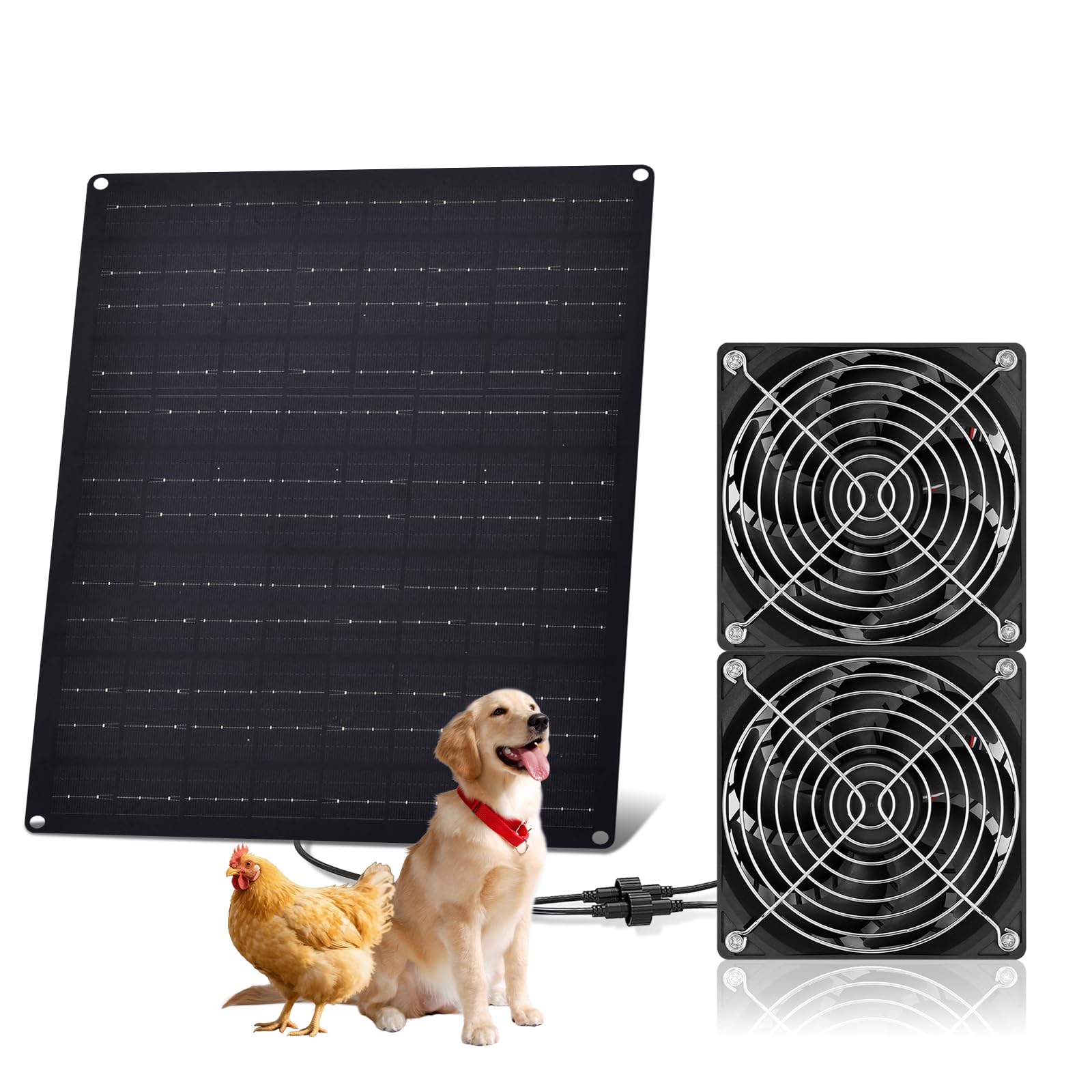 HASDSAGY Solar Powered Fan, 15W Solar Chicken Coop Fan,Waterproof Ventilation Exhaust Fan for Outdoor Shed Chicken Coops Greenhouse Doghouses Pet House for Intake or Exhaust Air Cooling