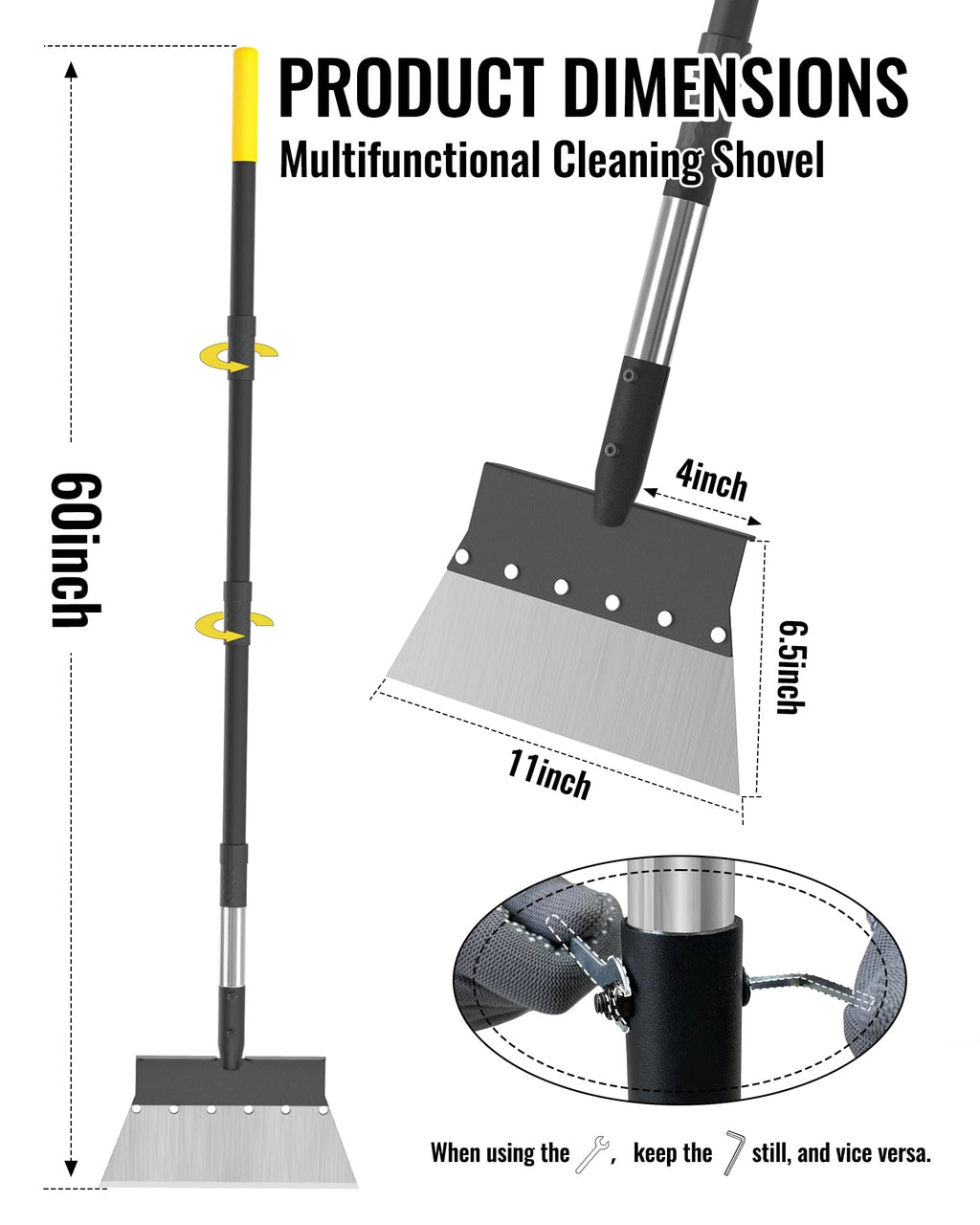 Garden Flat Shovel, Heavy Duty Multifunctional Cleaning Shovel with 60" Adjustable Long Handle, Metal Floor Scraper Tool for Weeding, Scraping, Ice & Snow Removal, Driveway, Sidewalk, Garden, Outdoor