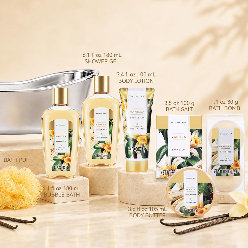 Gift Baskets for Women, Spa Luxetique 8 Pcs Vanilla Birthday Bath and Body Set, Self Care Kit for Her, Including Bubble Bath, Shower Gel, Body Lotion Christmas Gifts for Mom
