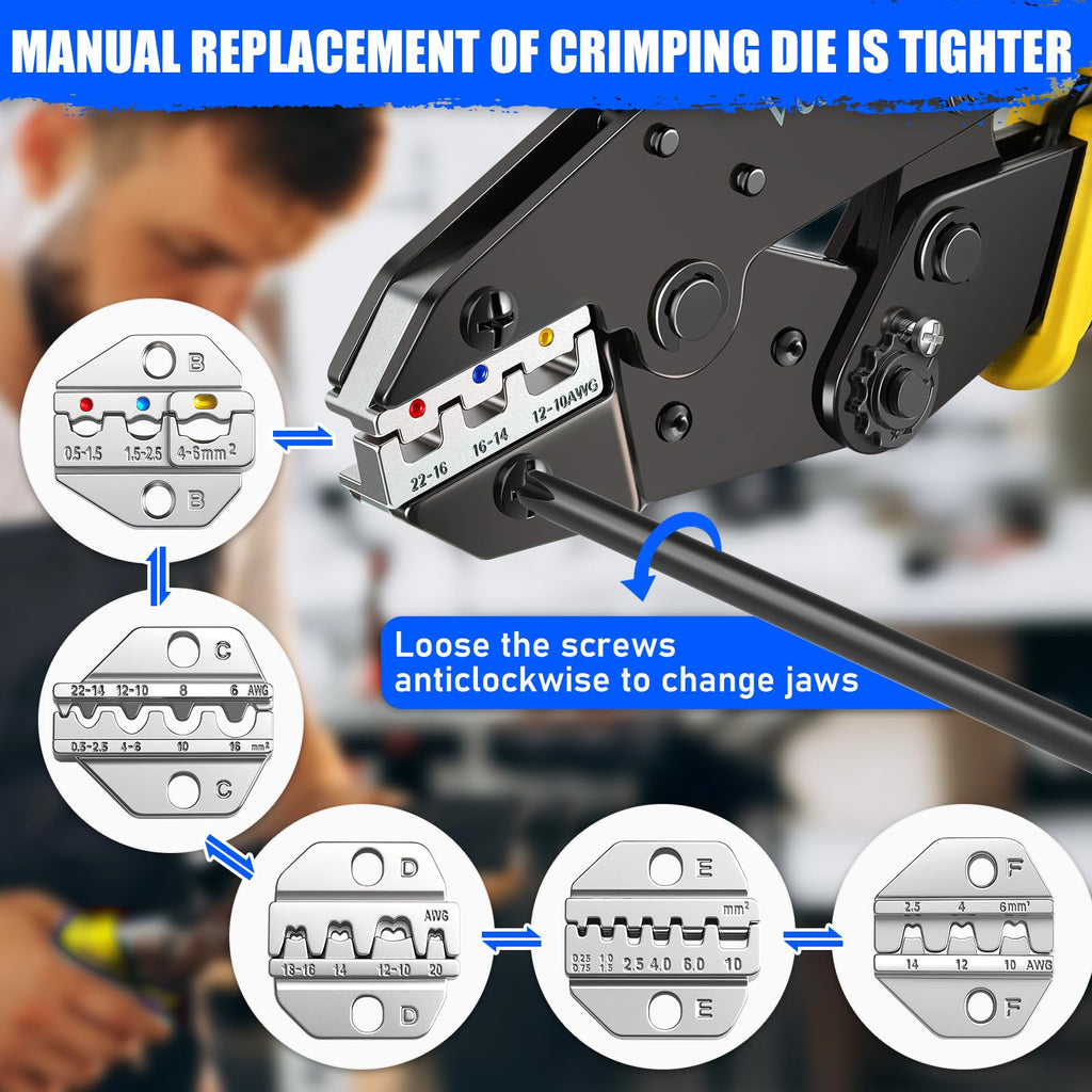 Vesmikit Crimping Tool Set 8PCS - Ratchet Wire Crimping Tool for Heat Shrink,Insulated Nylon,Non-Insulated,wire ferrules,Open Barrel Terminals,Solar Connectors - Crimper with 6 Interchangeable Die