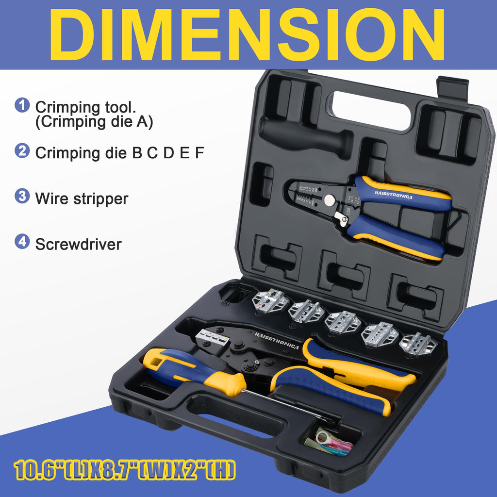 haisstronica 8PCS Crimping Tool Set - Ratchet Wire Crimping Tool for Heat Shrink,Insulated Nylon,Non-Insulated,Ferrule Wire End,Open Barrel Terminals,Solar Connectors