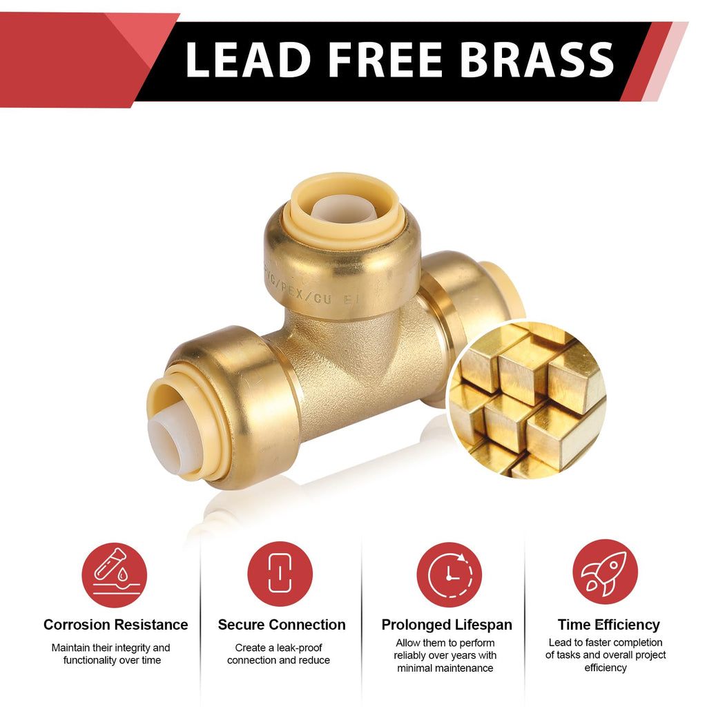 5 PCS EFIELD 1/2 Inch Tee Push-Fit Fitting to Connect Pex, Copper, CPVC Pipe with a Disconnect Tool Clip,(PF118-5PCS)