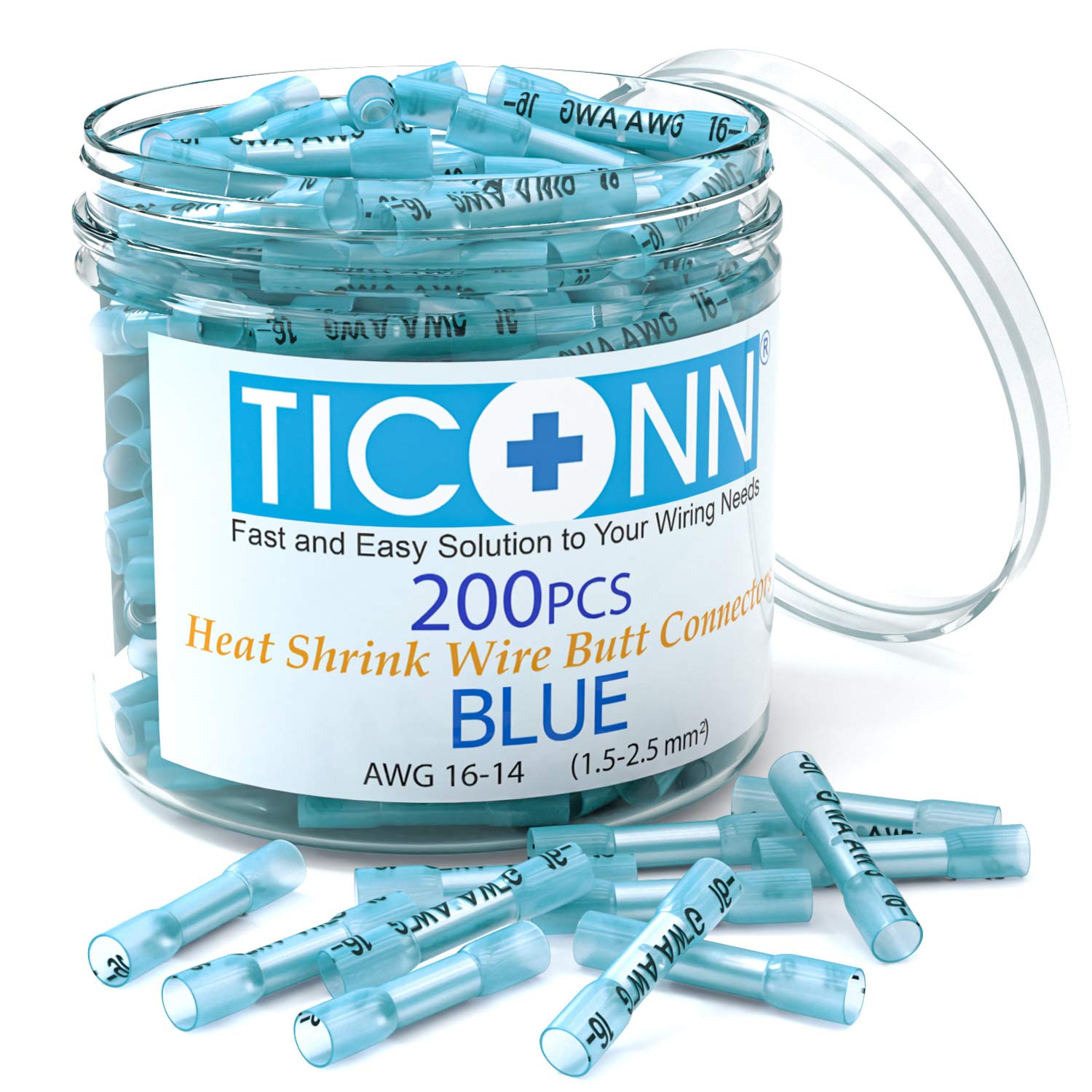 TICONN Blue 200PCS Heat Shrink Butt Wire Connector Kit, Insulated Waterproof Electrical Wire Crimp Terminals Butt Splice for Marine Automotive (Blue 200PCS)