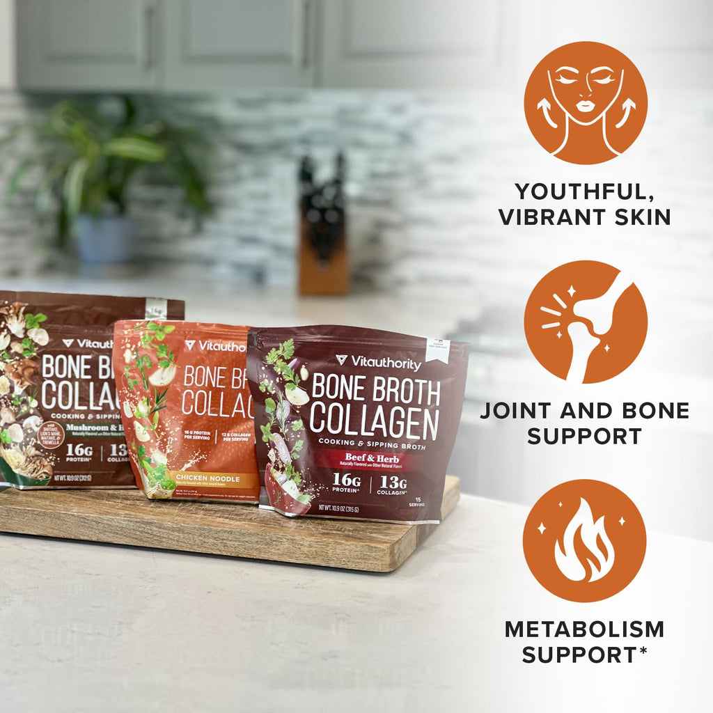 Vitauthority Bone Broth Collagen Delicious Chicken Noodle Flavored - Packed with 16g of Protein & Types I, II, III - Nourishes Skin, Hair, Nails, Joints, & Gut - Beef BoneBroth