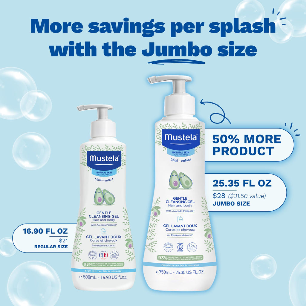 Mustela Gentle Cleansing Gel - Baby Wash for Delicate Skin and Hair - Newborn-Safe Cleanser - Crafted with Natural Avocado Perseose - Various Sizes - 25.35 fl. oz.