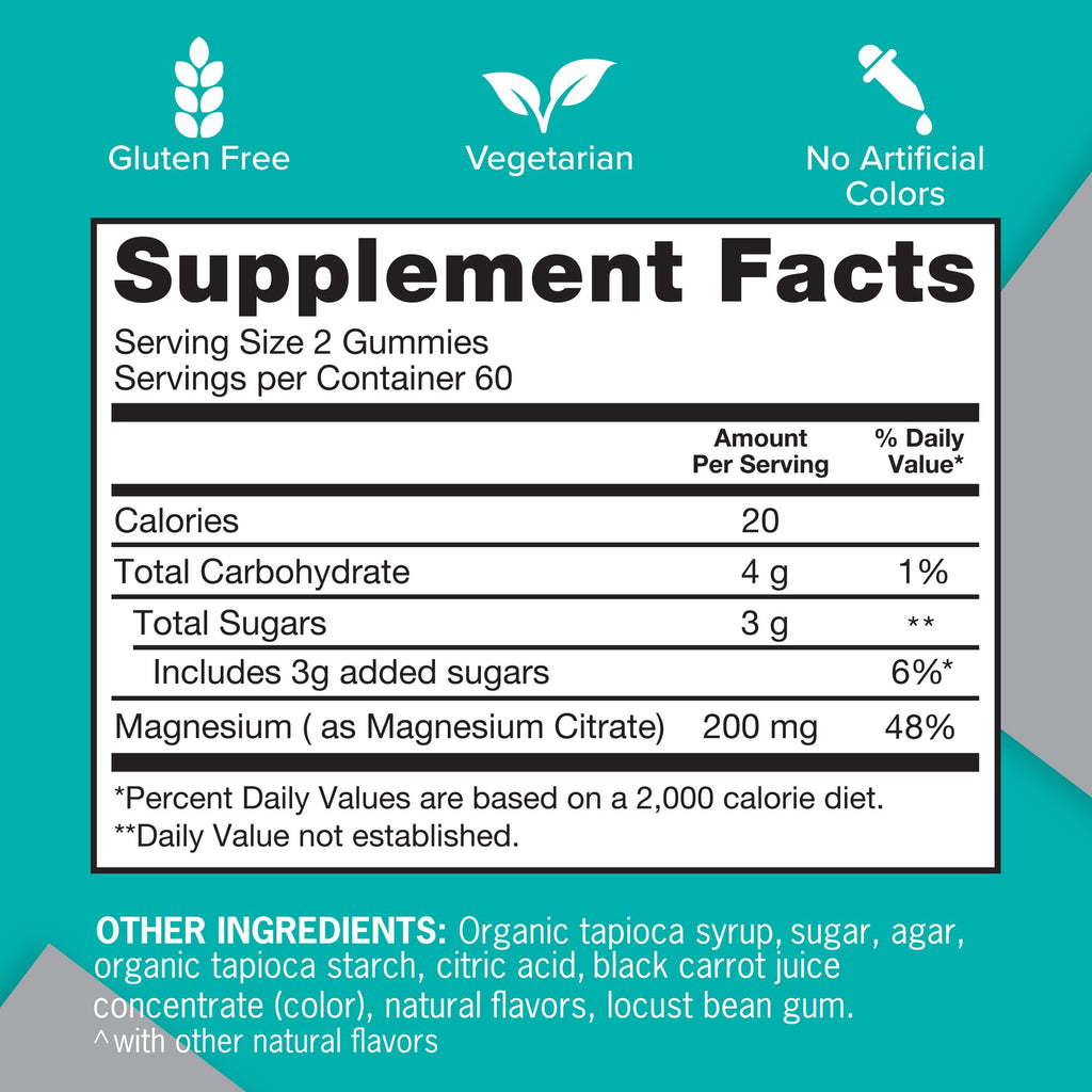 Qunol Magnesium Gummies for Adults, 200mg Elemental Magnesium (from 1,750mg Magnesium Citrate), High Absorption Magnesium Supplement, Supports Nerve, Bone and Muscle Health, Vegetarian, 120 Count
