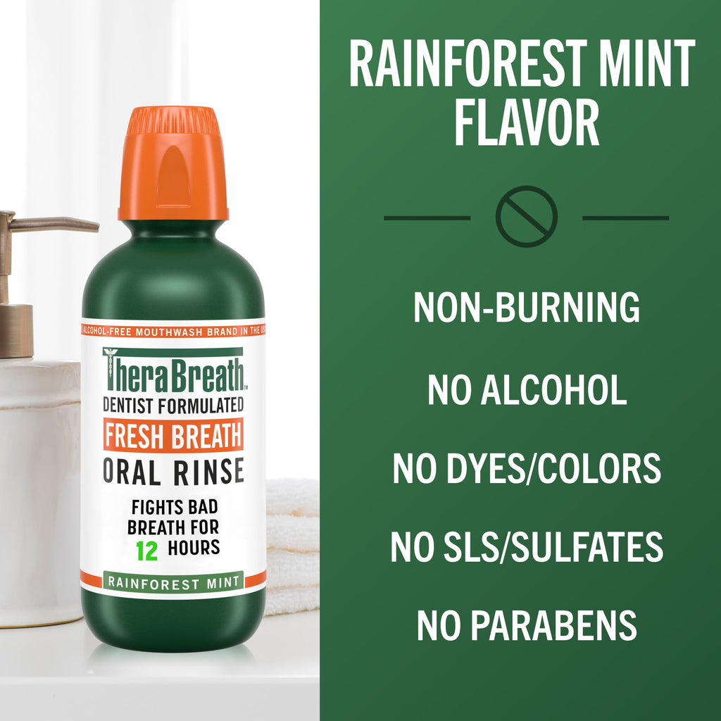 TheraBreath Fresh Breath Mouthwash, Rainforest Mint, Alcohol-Free, 16 Fl Oz (2-Pack)
