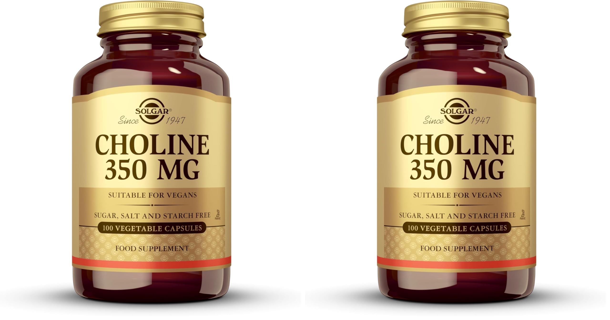 Solgar Choline 350 mg, 100 Vegetable Capsules - Supports Healthy Brain & Cellular Function - Vegan, Gluten Free, Dairy Free, Kosher - 100 Servings,(Pack of 2)