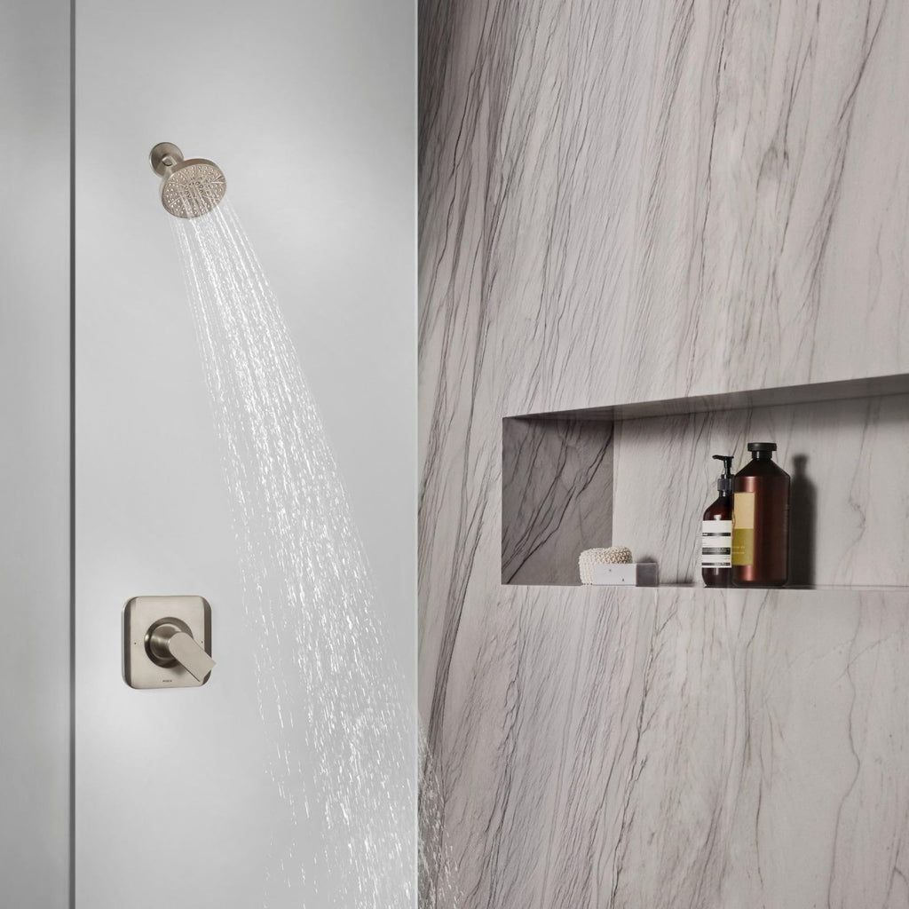 Moen Genta LX Brushed Nickel Pressure Balancing Eco-Performance Modern Shower Trim Including Showerhead, Shower Handle, and Tub Spout (Posi-Temp Valve Required), T2473EPBN