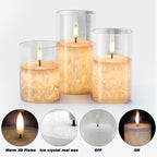 VIODAIM Ice Crystal Real Wax Glass Flameless Candles with Remote & Timer, Battery Operated Candles with Warm Flickering Flame, Realistic LED Candle for Wedding Home Decor [D3×H4/5"/6"] Clear, 3Pack
