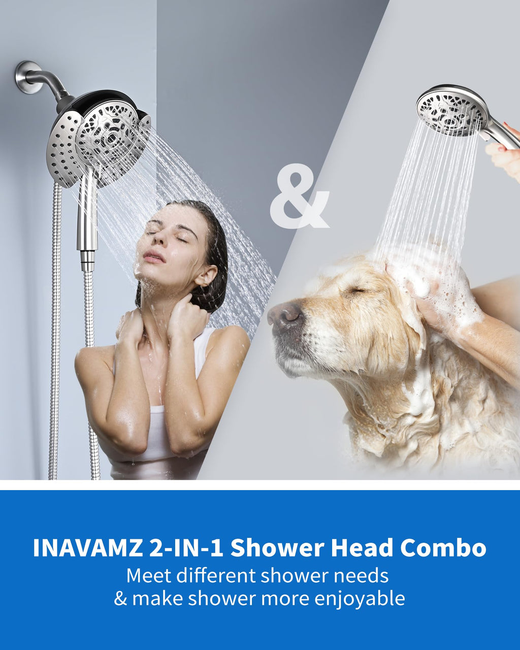 INAVAMZ 2.5GPM Shower Heads with Handheld Spray Combo: 7.2" Rainfall Shower Head & Hand Held Shower Head 2-IN-1 Shower Head with 60" Rotatable Stainless Steel Hose Nickel, Shower Trim Systems