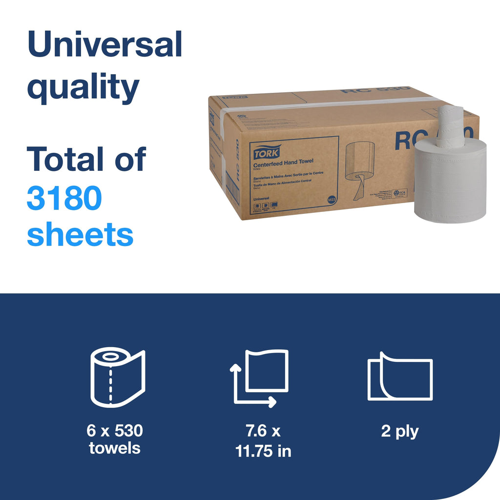 Tork Centerfeed Hand Towel White M23, One-at-a-time Dispensing, 6 x 530 Towels, RC530
