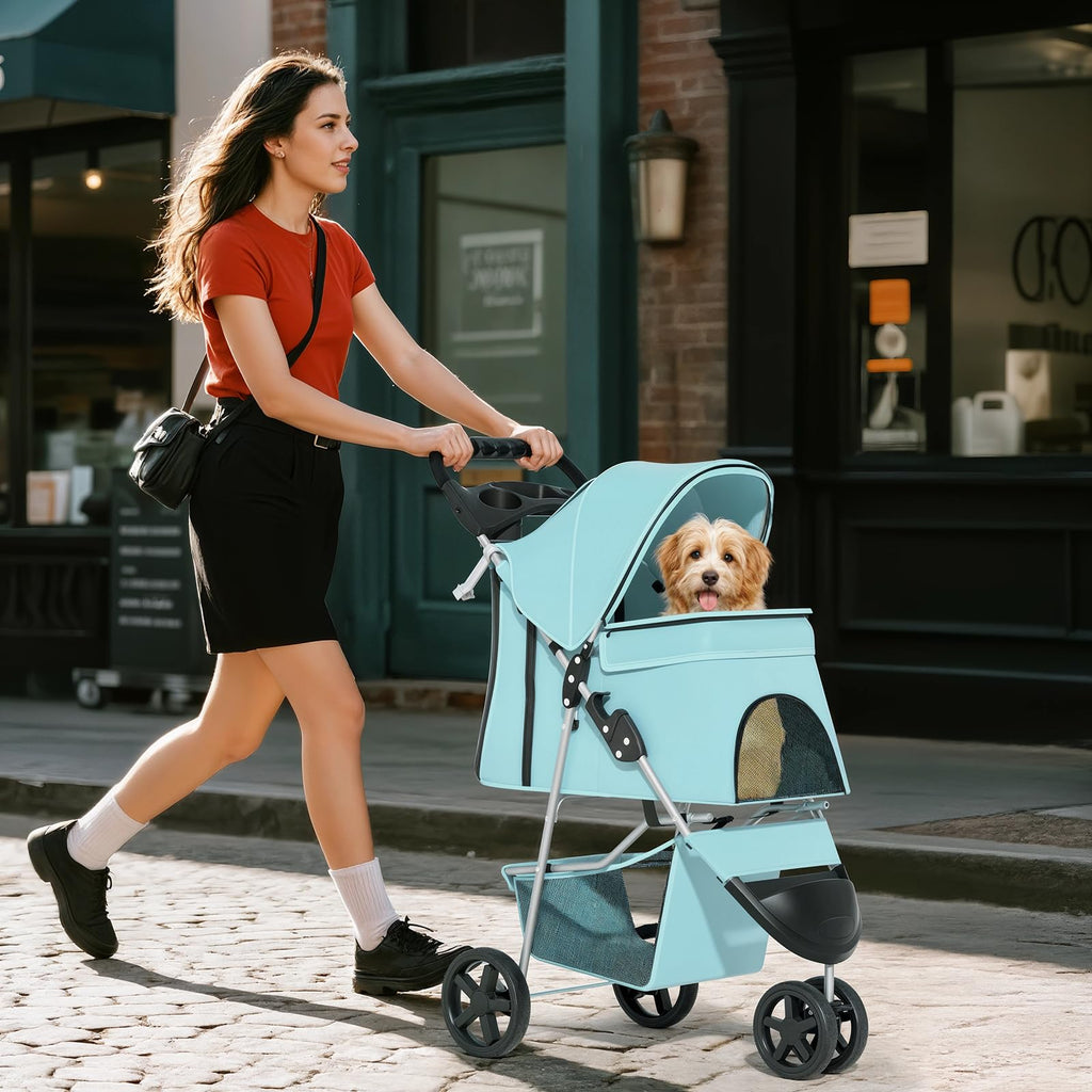 Pet Stroller for Small Dogs 10 lbs, Dog Stroller for Medium Dogs 30 lbs, Cat Strollers for 2 Cats, 3 Wheels Foldable Jogger Puppy Stroller with Storage Basket and Cup Holder, Mint