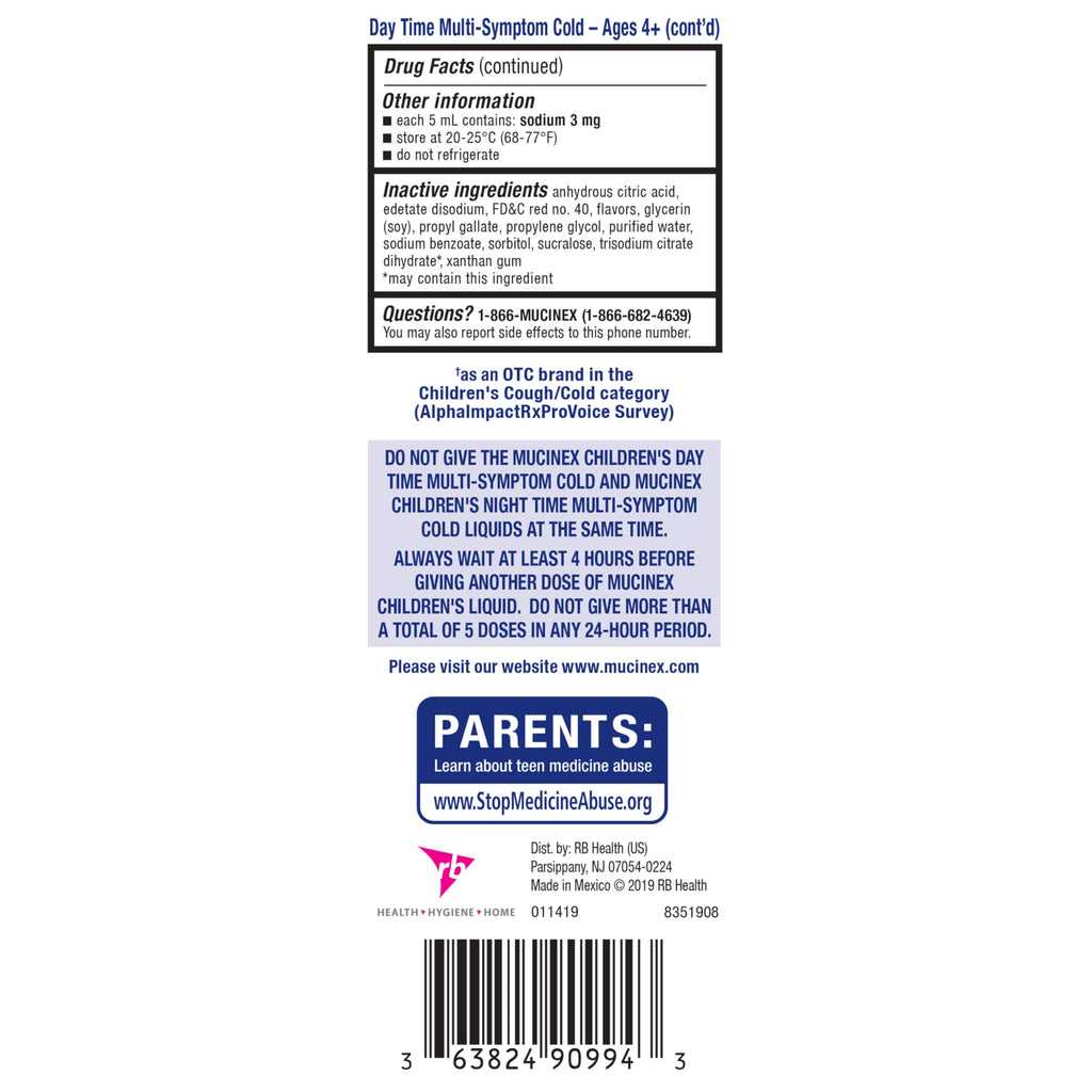 Mucinex Cold & Cough, Children's Multi-Symptom Day/Night Liquid, Very Berry, 8oz (2x4oz) Relieves Nasal & Chest Congestion, Thins & Loosens Mucus, Controls Cough, Reduces Fever, Soothes Sore Throat