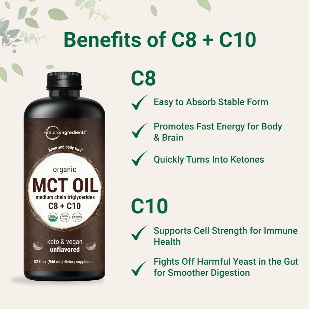 MCT Oil Organic, 32 fl oz |100% Virgin Coconut with C8 + C10 Fatty Acids | Great for Coffee or Dressings | Unflavored, Keto, Vegan
