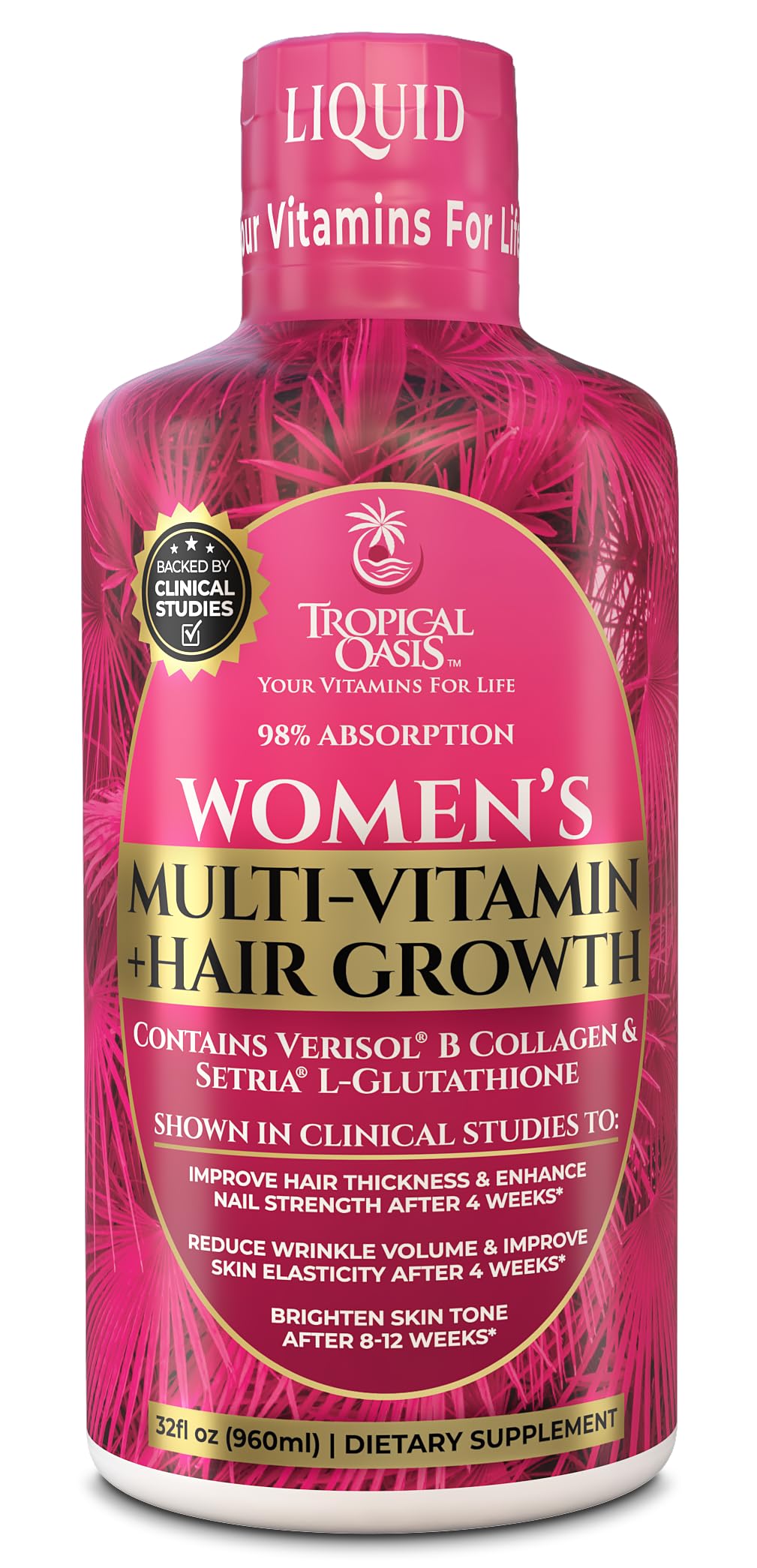 Tropical Oasis Women's Liquid Multivitamin + Hair Growth | Clinically Tested for Thicker Hair, Wrinkles, Brighter Skin, Strong Nails | 2.5g Verisol Collagen | Biotin 12500mcg | 32 Serv