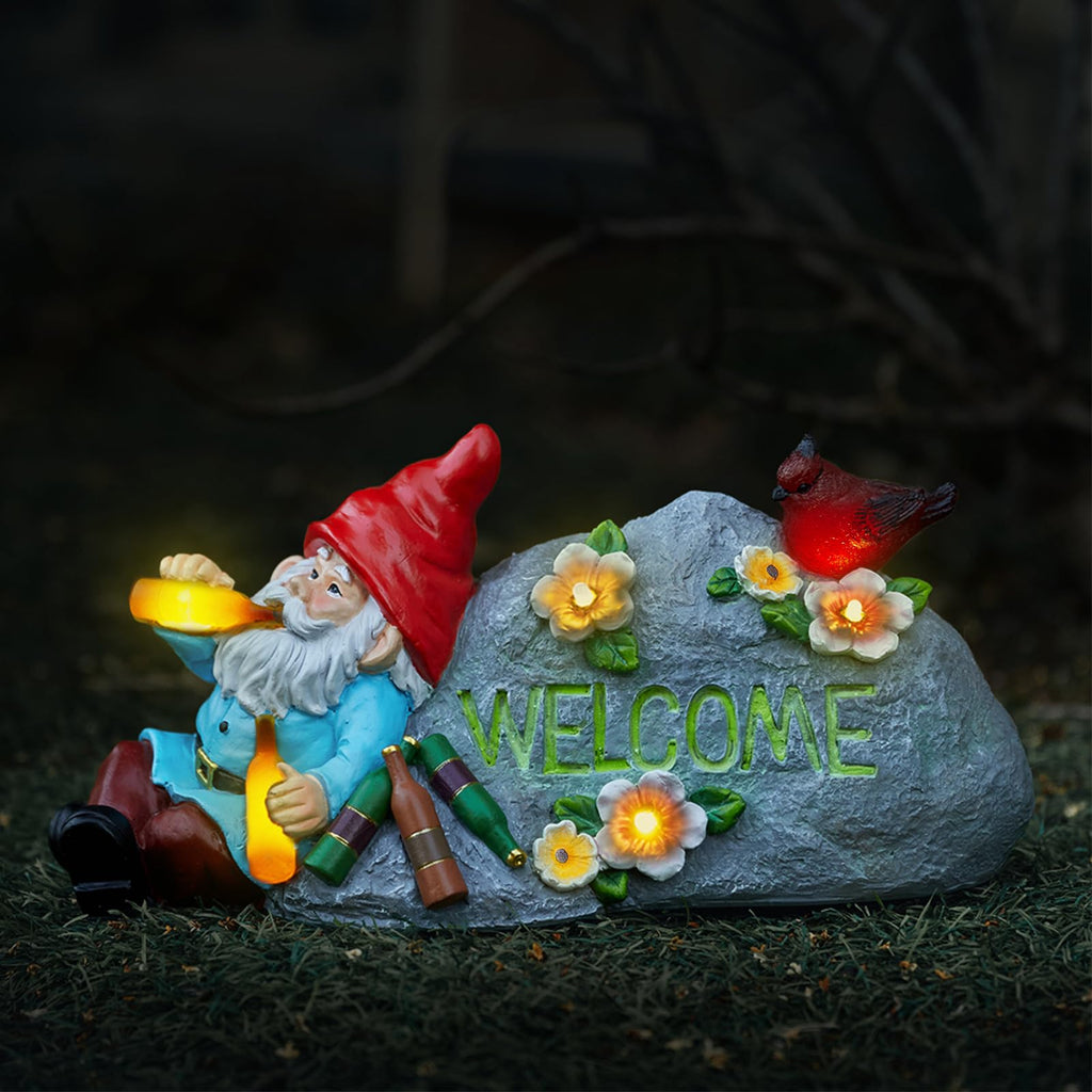Elegondrar Funny Garden Gnomes Statue with Welcome, Solar Outdoor Gnomes Decorations for Yard, Patio, Lawn, Christmas Birthday Housewaming Gifts, for Dad, Men, Husband, Grandpa, 11.8 Inch, Resin