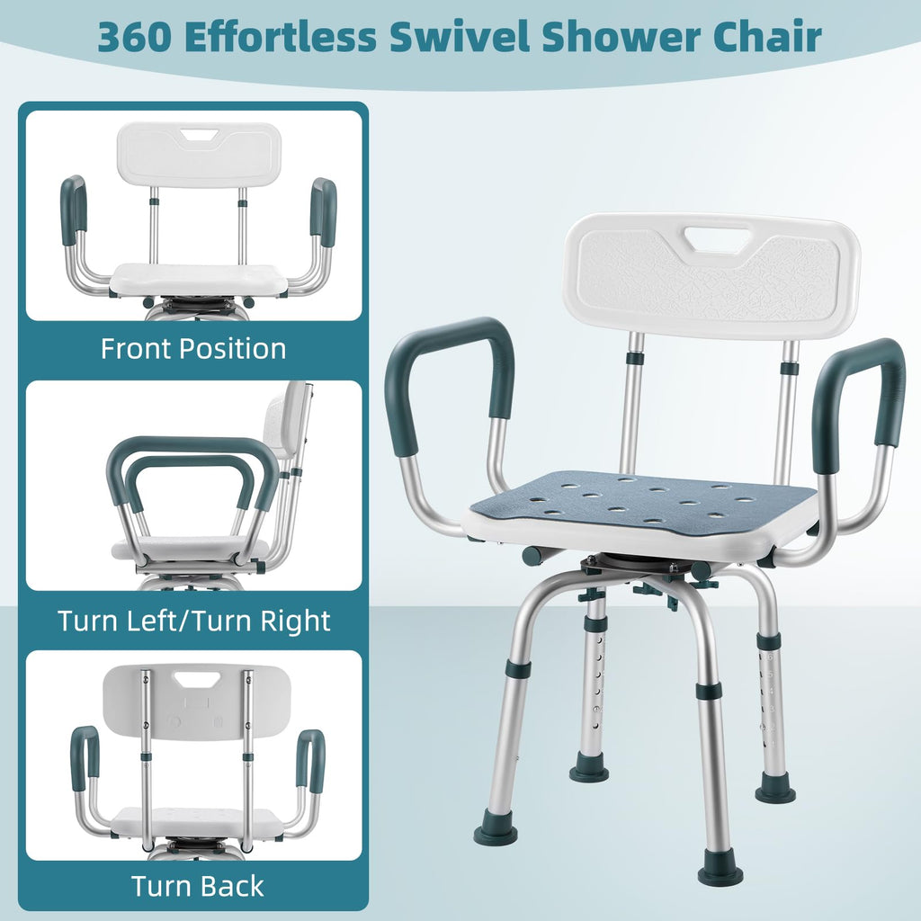 Swivel Shower Chair with Arms and Back, 400 lbs Heavy Duty Shower Seat for Inside Shower Stall and Bathtub, Height Adjustable Safety Bath Seat for Elderly, Adults, Handicap and Disabled