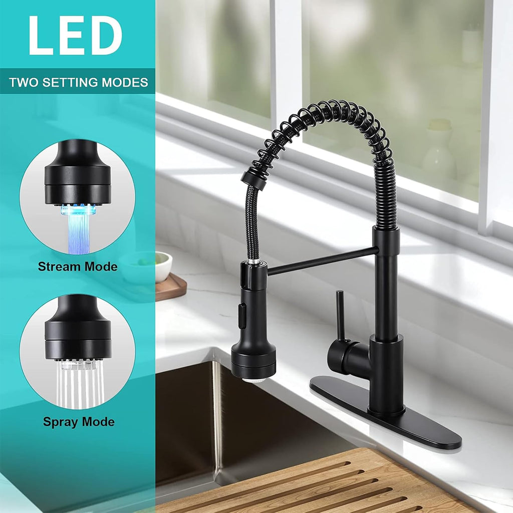 DJS Kitchen Faucets with Pull Down Sprayer LED Light Single Handle 1 or 3 Holes Spring Kitchen Sink Faucet with Deck Plate for Farmhouse RV Vessel Basin