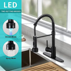 DJS Kitchen Faucets with Pull Down Sprayer LED Light Single Handle 1 or 3 Holes Spring Kitchen Sink Faucet with Deck Plate for Farmhouse RV Vessel Basin