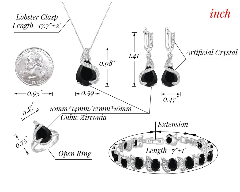 GZWHD Jewelry Set Gift for Women, Black Waterdrop Created Spinel, Party Prom Jewelry, Silver-Tone Earrings Necklace Bracelet Open Ring, Birthday Gifts for Best Friends Mom