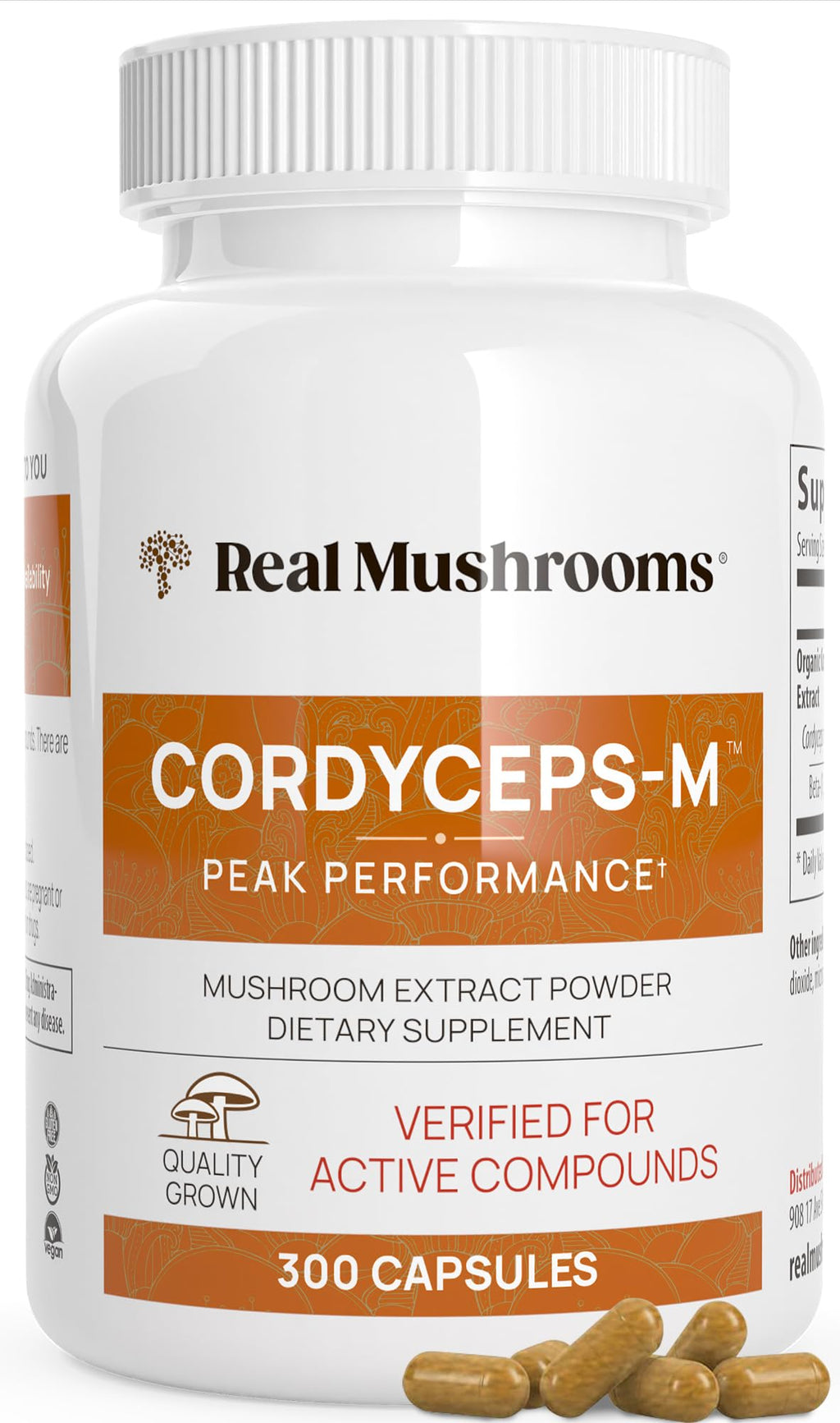 Real Mushrooms Capsules Supplements - Organic Cordyceps Mushroom Powder in Capsules - Energy and Performance Mushrooms with Verified Beta Glucans - Vegan, Non-GMO, 300 Capsules