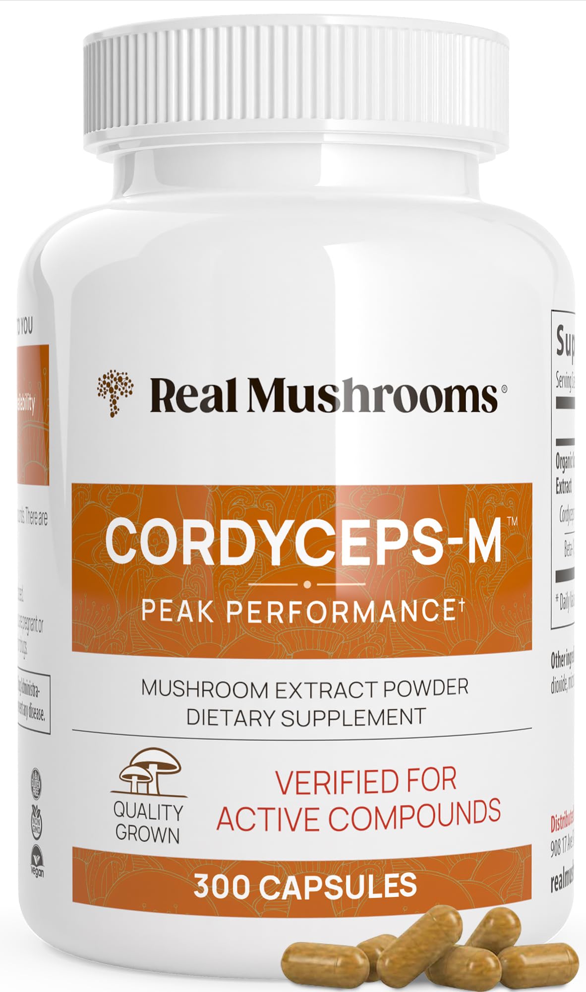 Real Mushrooms Capsules Supplements - Organic Cordyceps Mushroom Powder in Capsules - Energy and Performance Mushrooms with Verified Beta Glucans - Vegan, Non-GMO, 300 Capsules