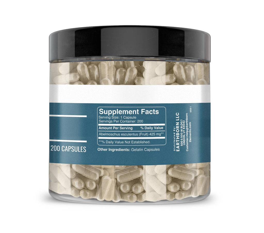 Earthborn Elements Okra Extract 200 Capsules, Pure & Undiluted, No Additives