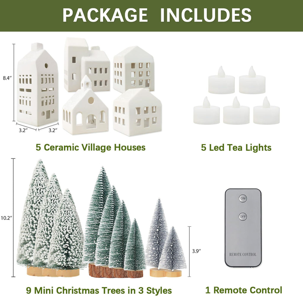 Christmas Decorations - Village Sets of 5 Lighted Ceramic Houses & 9 Trees