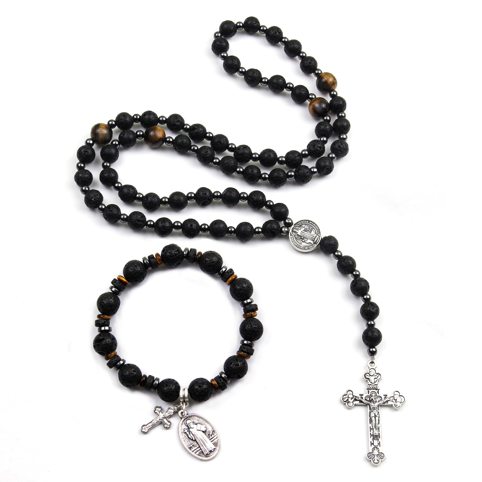 LGEPAH Rosary for Men, Black Lava Rock Beads with St. Benedict Bracelet