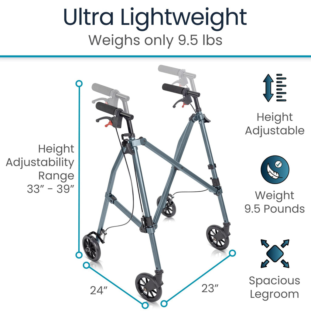 Vive Mobility Lightweight Walker for Seniors - Narrow, Folding Walker w/Wheels for Small & Tight Spaces - Light Weight for Balance, Compact Doorways, Foldable - Portable & Collapsible for Travel