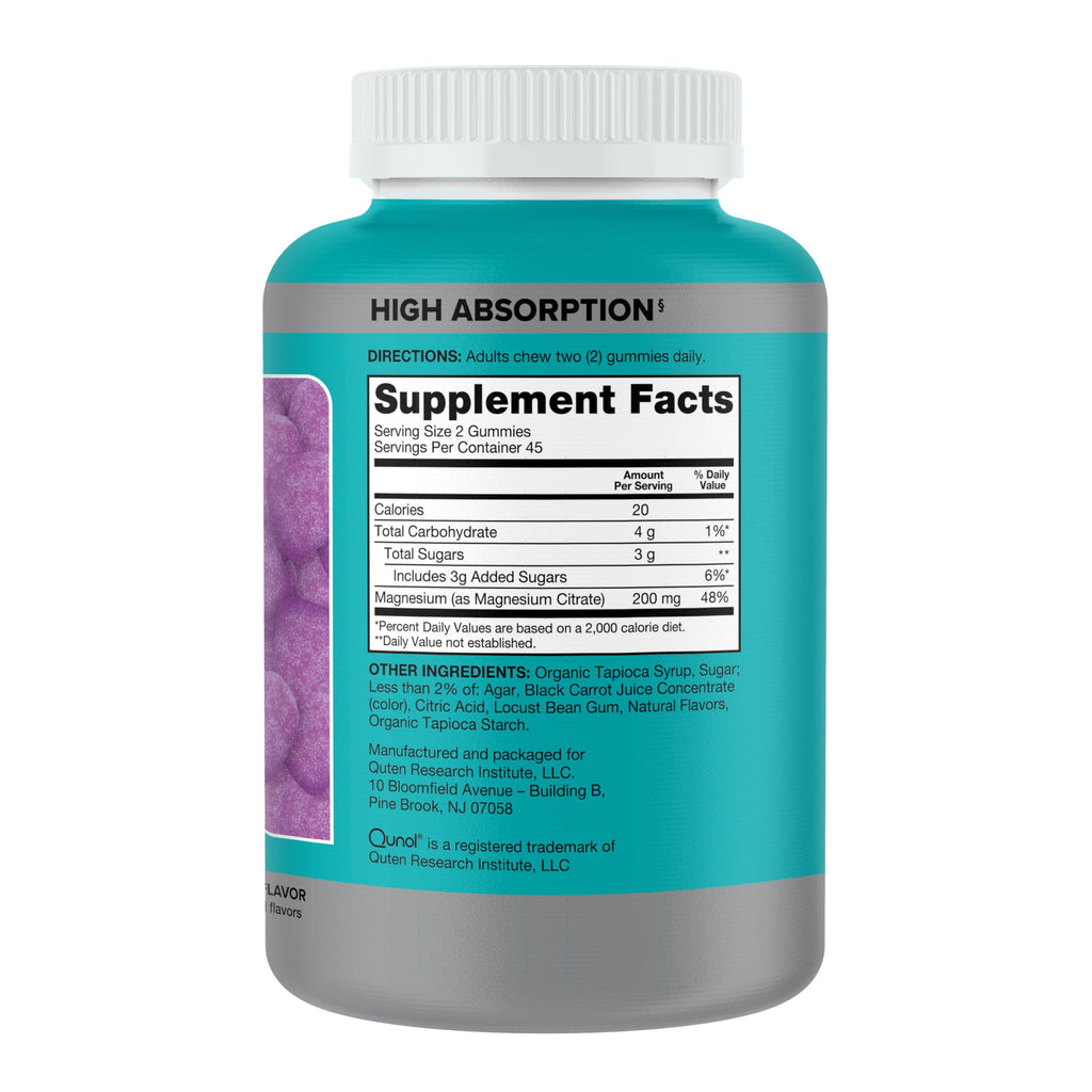 Qunol Magnesium Gummies for Adults, 200mg Elemental Magnesium (from 1,750mg Magnesium Citrate), High Absorption Magnesium Supplement, Supports Nerve, Bone and Muscle Health, Vegetarian, 90 Count