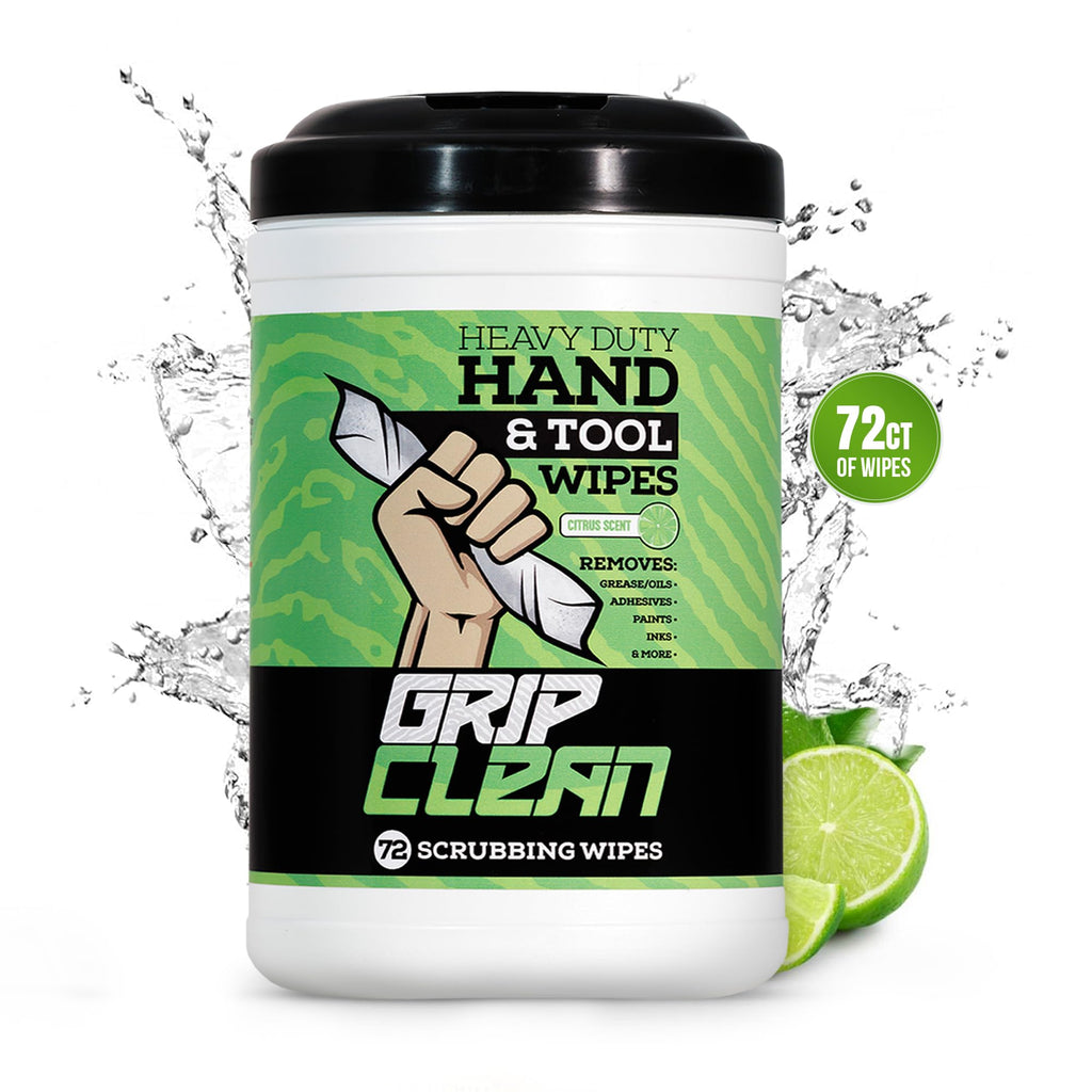 Grip Clean Heavy Duty Hand & Tool Cleaning Wipes – Waterless Hand Cleaner for Mechanics, Garage & Shop Use – Dual-Sided Grease, Oil & Paint Remover Wipes with Citrus Scent - 72ct (6 Pack)