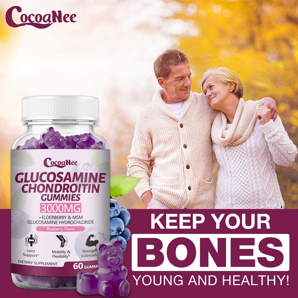 CocoaNee 3 Packs 3000MG Glucosamine Chondroitin Gummies, Extra Strength Joint Support Supplement with MSM & Elderberry, Flexibility, Antioxidant Immune Support Gummy for Adults, Men & Women 180Cts